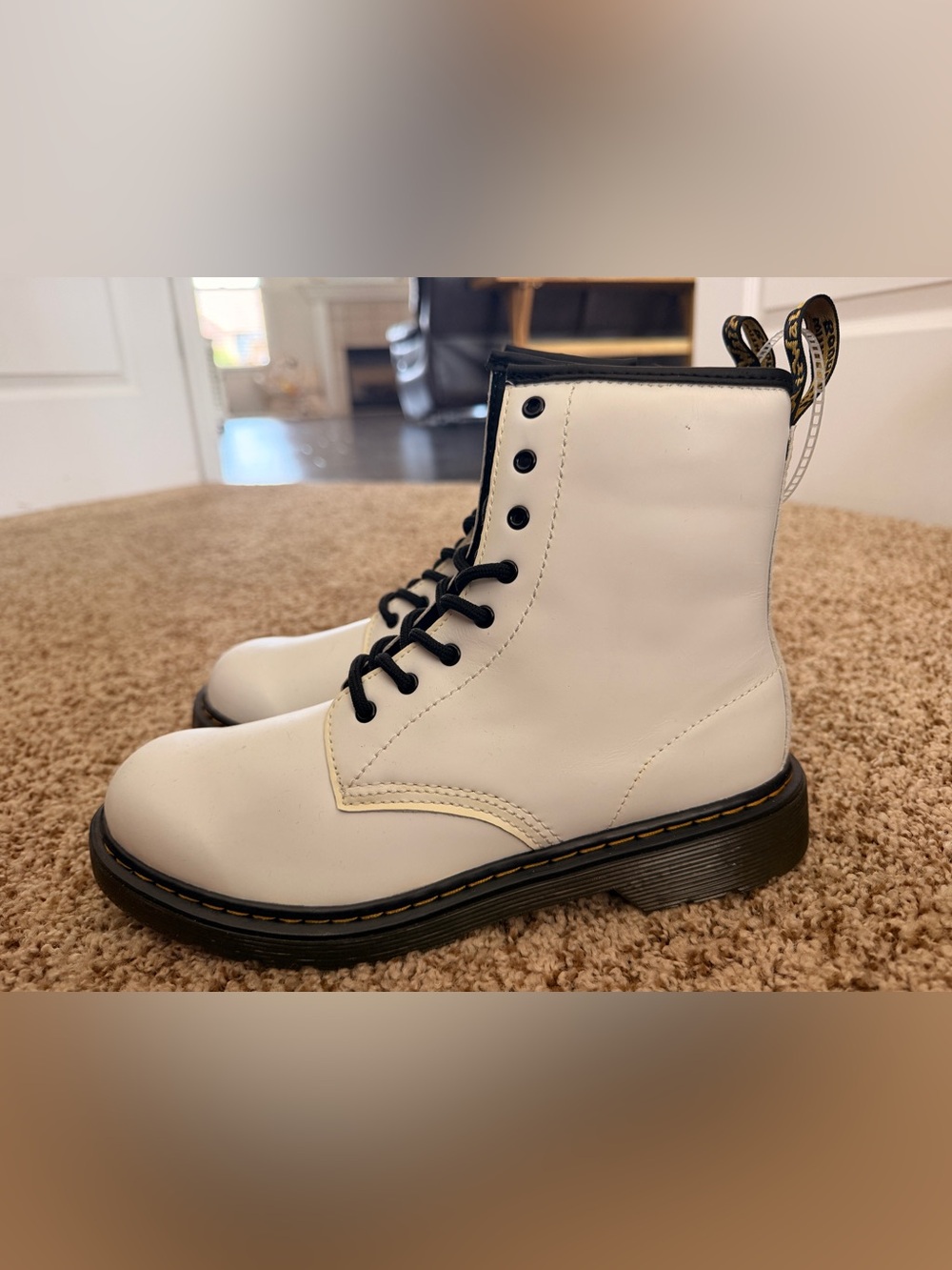 Dr. Martens White Leather Lace-Up Combat Boots with Black Trim